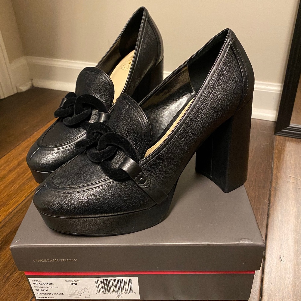 Vince Camuto Gathie Black Heeled Loafers, Size 9